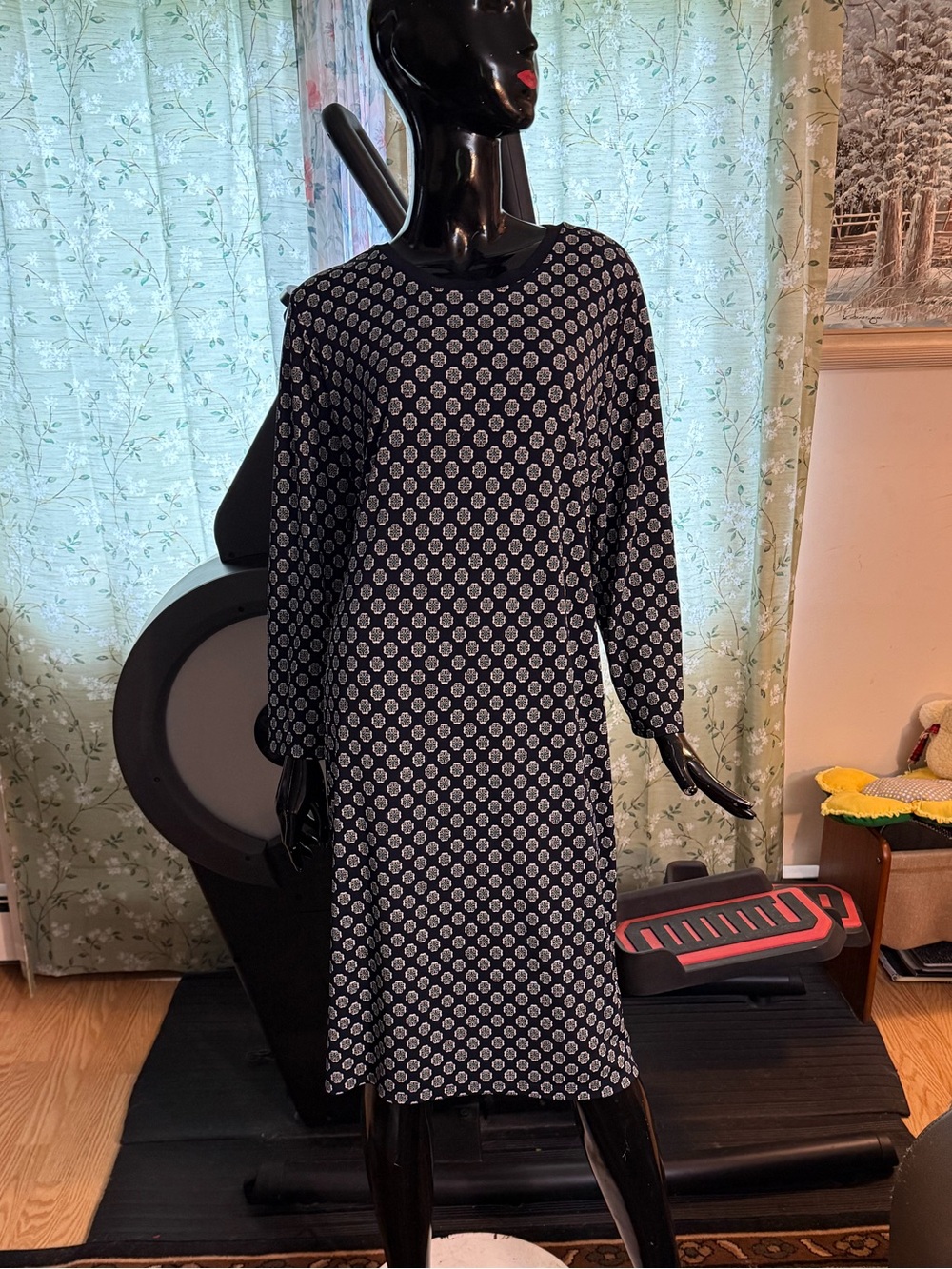 Ralph Lauren Black and White Long Sleeve Printed Shift Dress